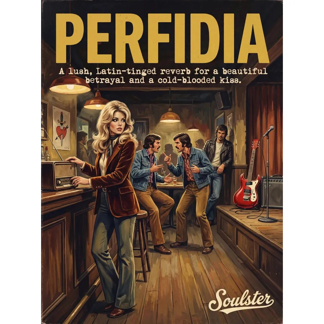 Soulster cinematic vintage pulp book cover art print illustration styled in a classic 1970s theme inspired by Perfidia.