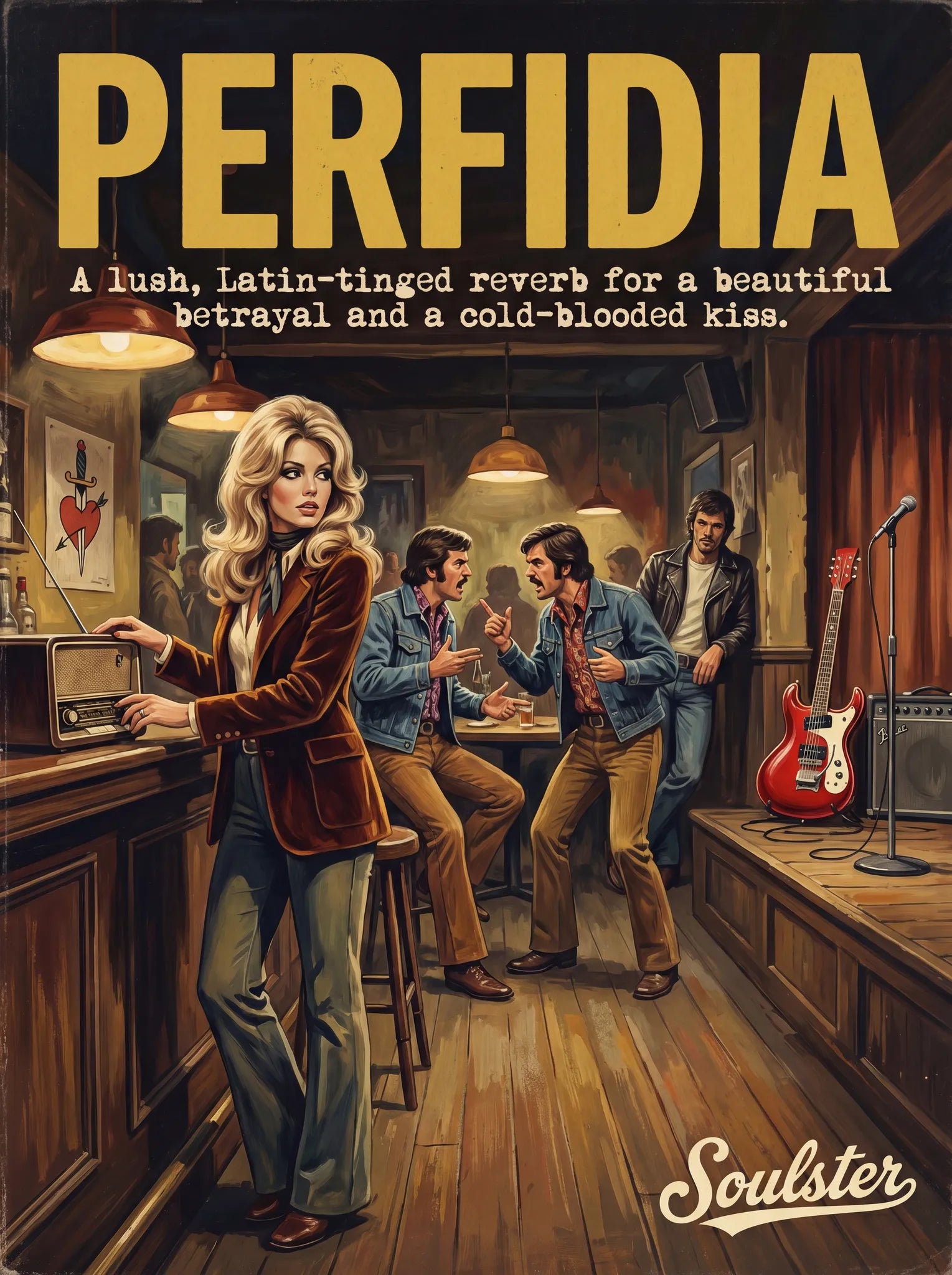 Soulster cinematic vintage pulp book cover art print illustration styled in a classic 1970s theme inspired by Perfidia.