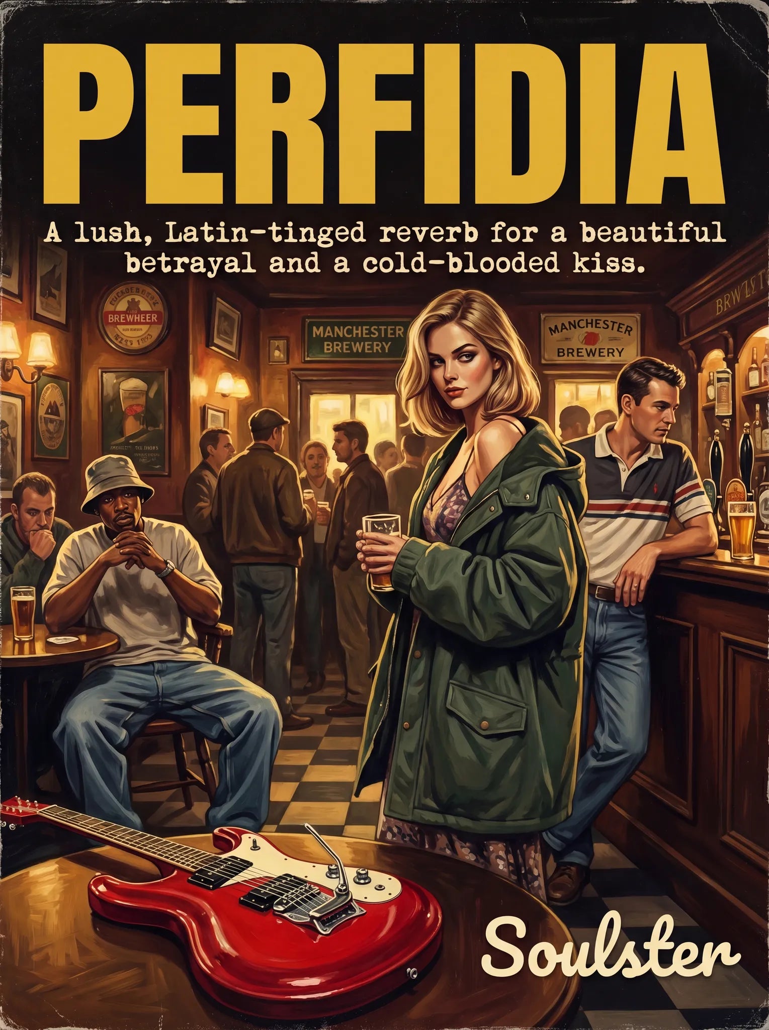 Soulster cinematic vintage pulp book cover art print illustration styled in a classic 1990s theme inspired by Perfidia.