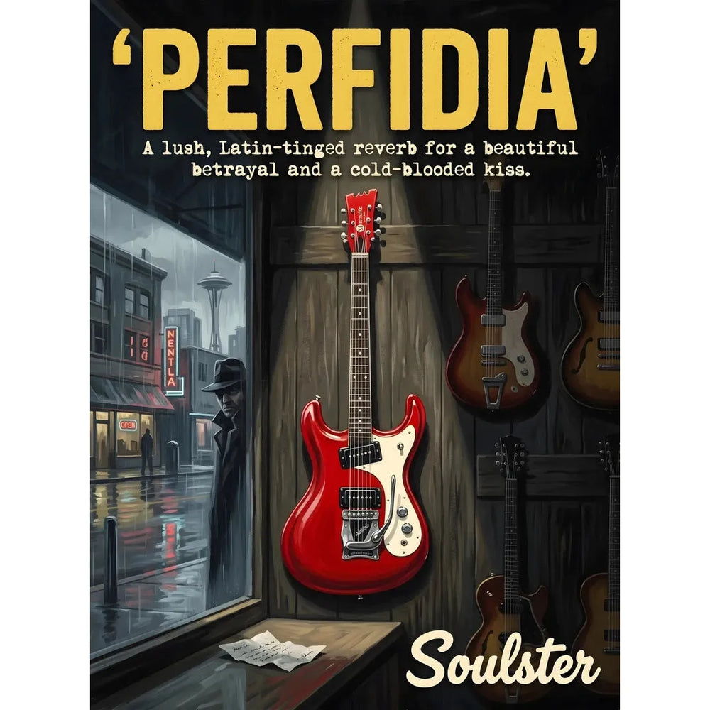 Soulster Manchester Edition wall art print showing a cinematic pulp style design of a Vintage Guitar inspired by Perfidia - Seattle.