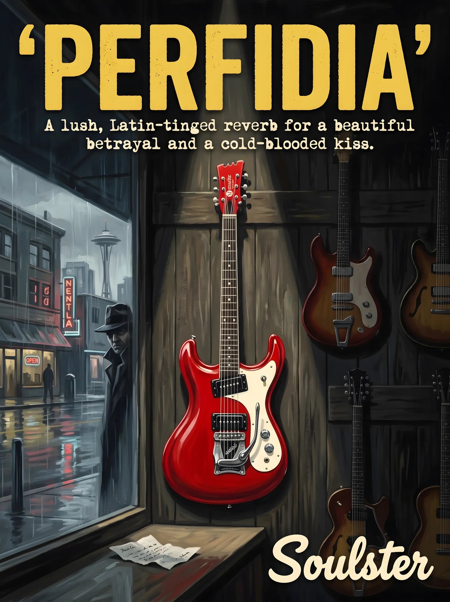 Soulster Manchester Edition wall art print showing a cinematic pulp style design of a Vintage Guitar inspired by Perfidia - Seattle.