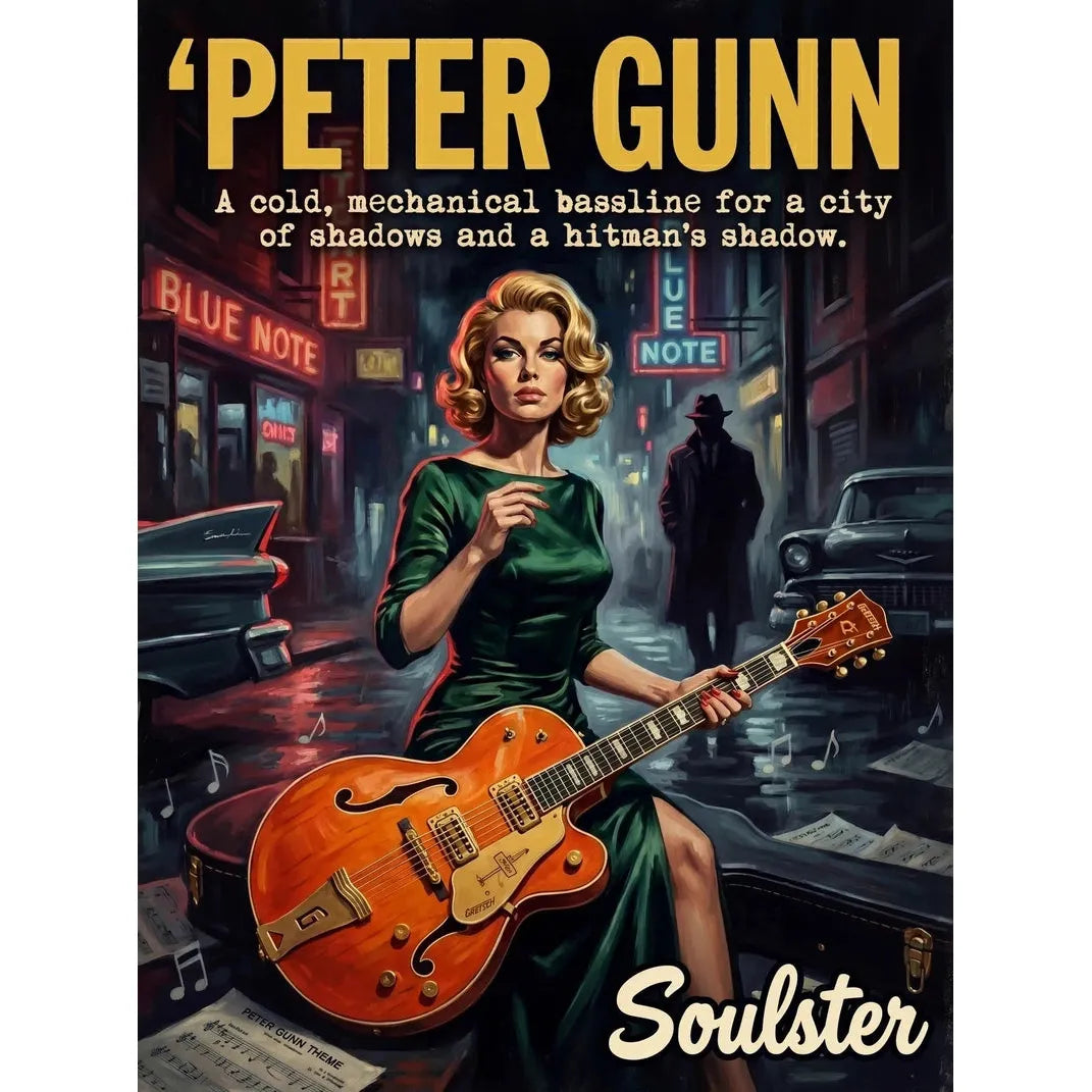 Soulster cinematic vintage pulp book cover art print illustration styled in a classic 1950s theme inspired by Peter Gunn.