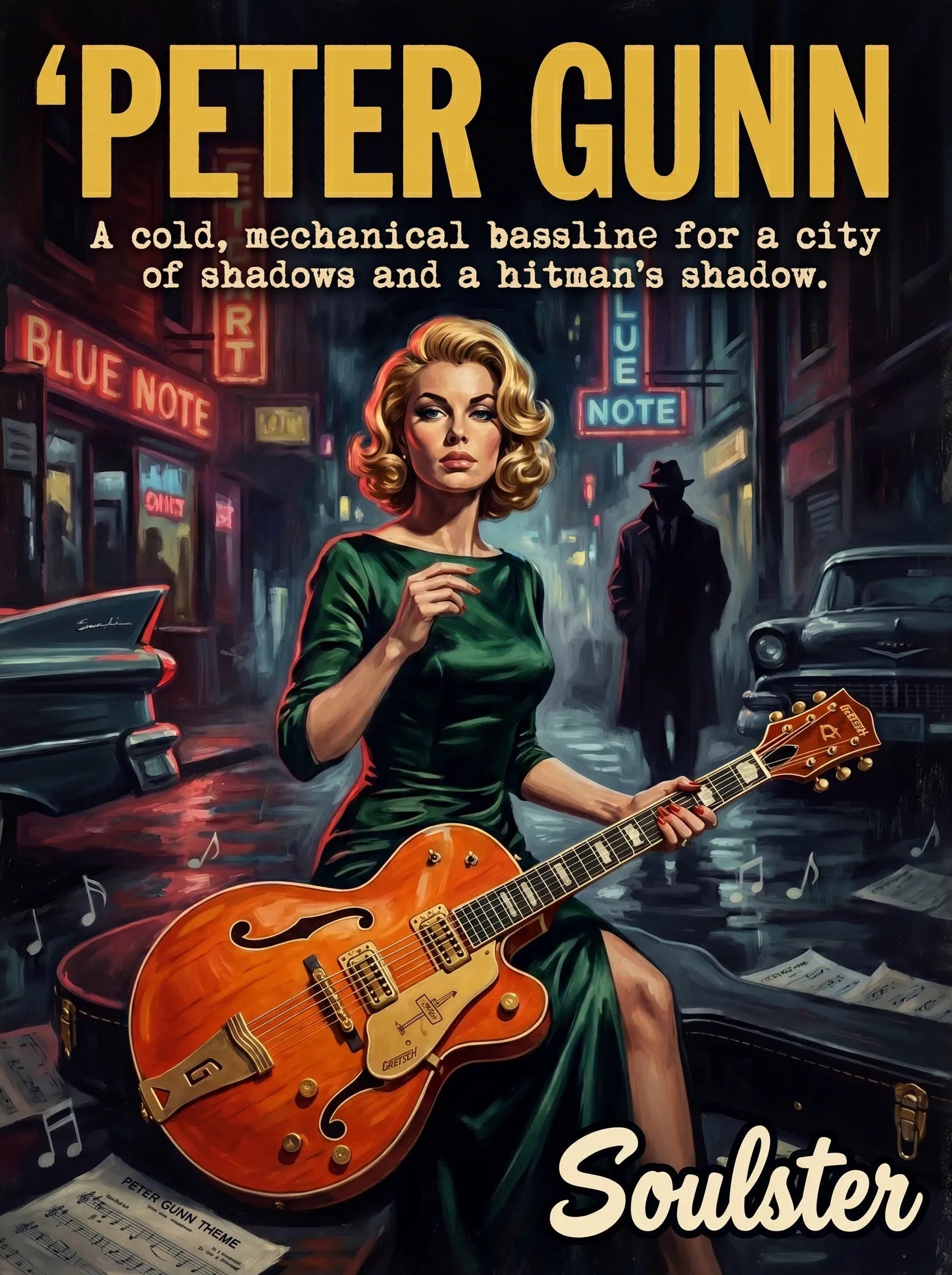 Soulster cinematic vintage pulp book cover art print illustration styled in a classic 1950s theme inspired by Peter Gunn.