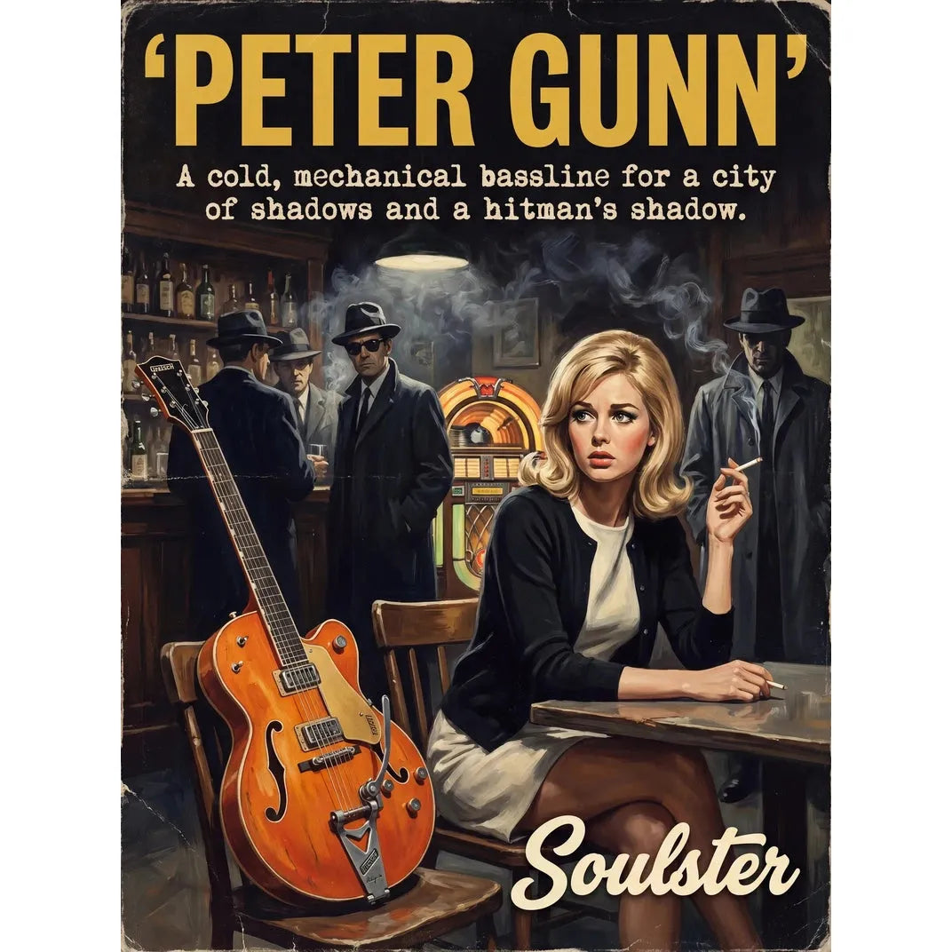Soulster cinematic vintage pulp book cover art print illustration styled in a classic 1960s theme inspired by Peter Gunn.