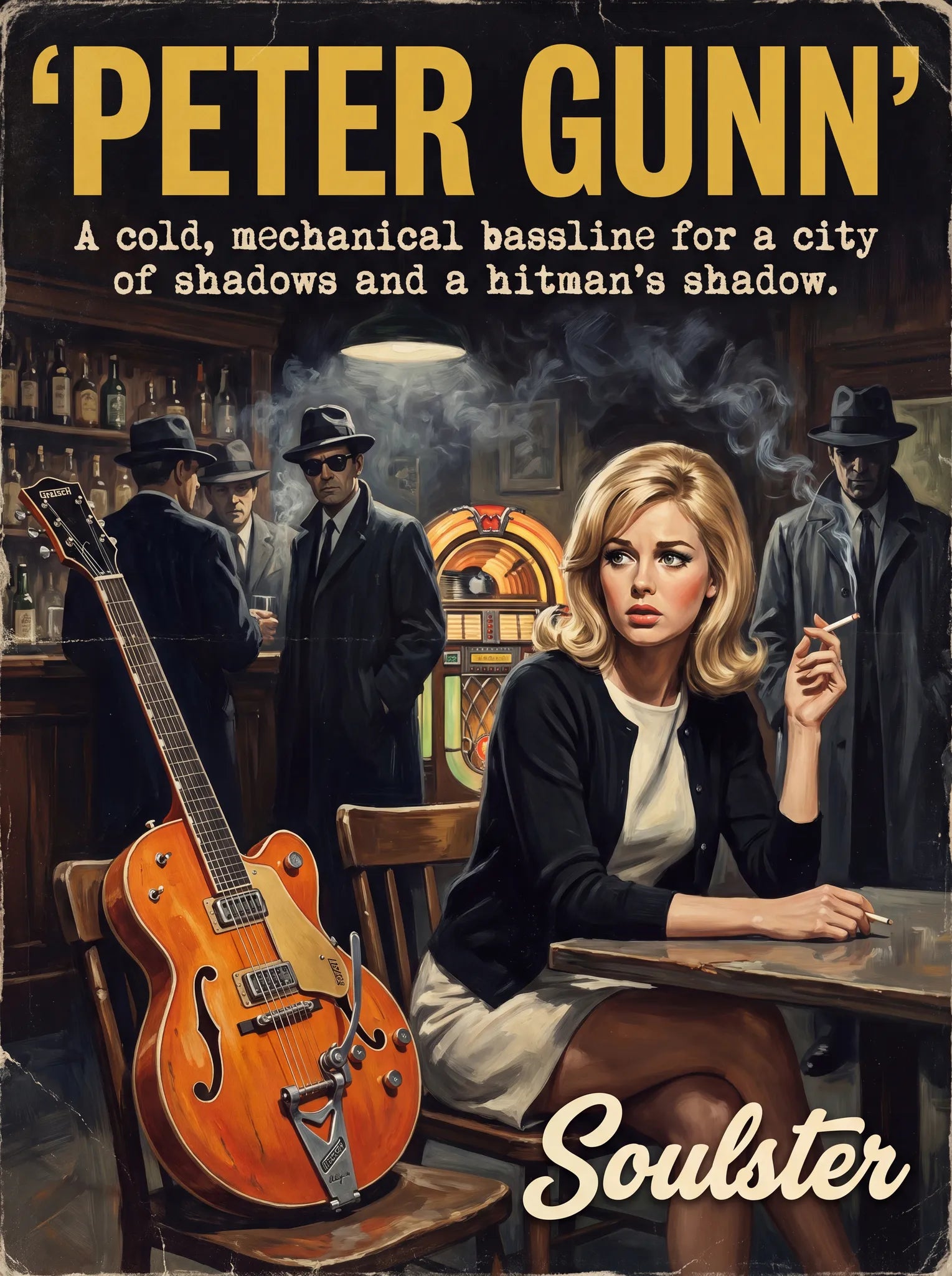 Soulster cinematic vintage pulp book cover art print illustration styled in a classic 1960s theme inspired by Peter Gunn.