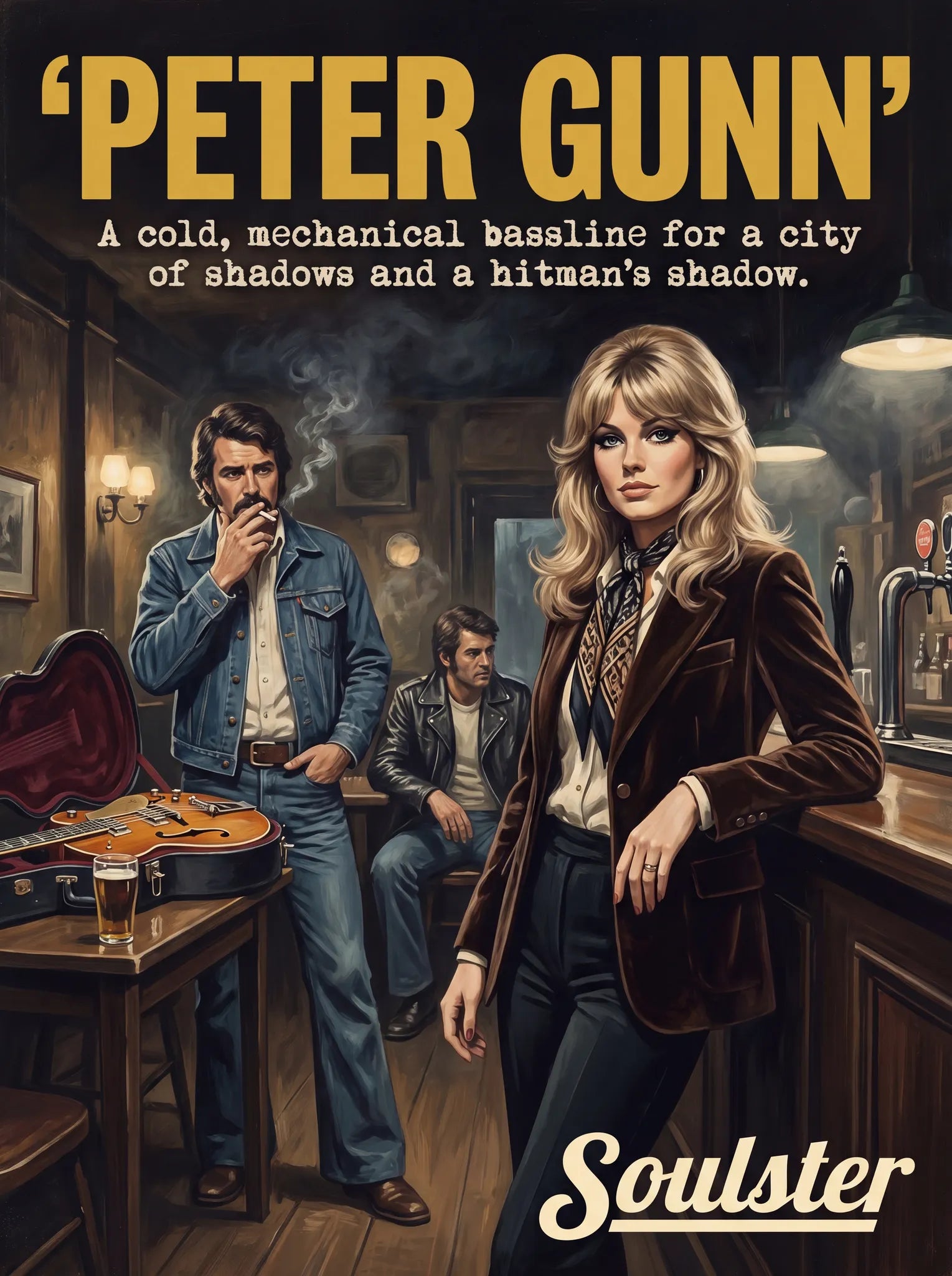 Soulster cinematic vintage pulp book cover art print illustration styled in a classic 1970s theme inspired by Peter Gunn.