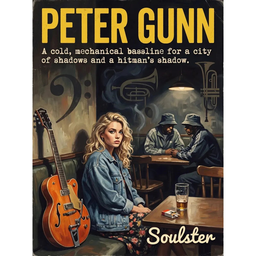 Soulster cinematic vintage pulp book cover art print illustration styled in a classic 1990s theme inspired by Peter Gunn.