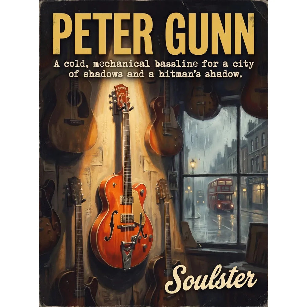 Soulster Manchester Edition wall art print showing a cinematic pulp style design of a Vintage Guitar inspired by Peter Gunn - London.