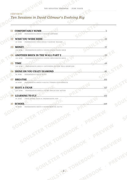 A printed table of contents page from a book or album, titled 'Ten Sessions in David Gilmour's Evolving Rig,' with numbered sections and page references on a white background and repeated Soulster watermark text.