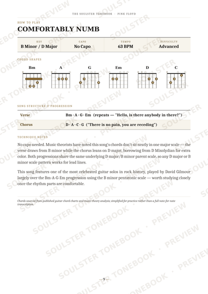 A guitar chord chart page titled 'Comfortably Numb' by Pink Floyd, showing chord diagrams for Bm, A, Em, D, and C with notes on strumming and song structure.
