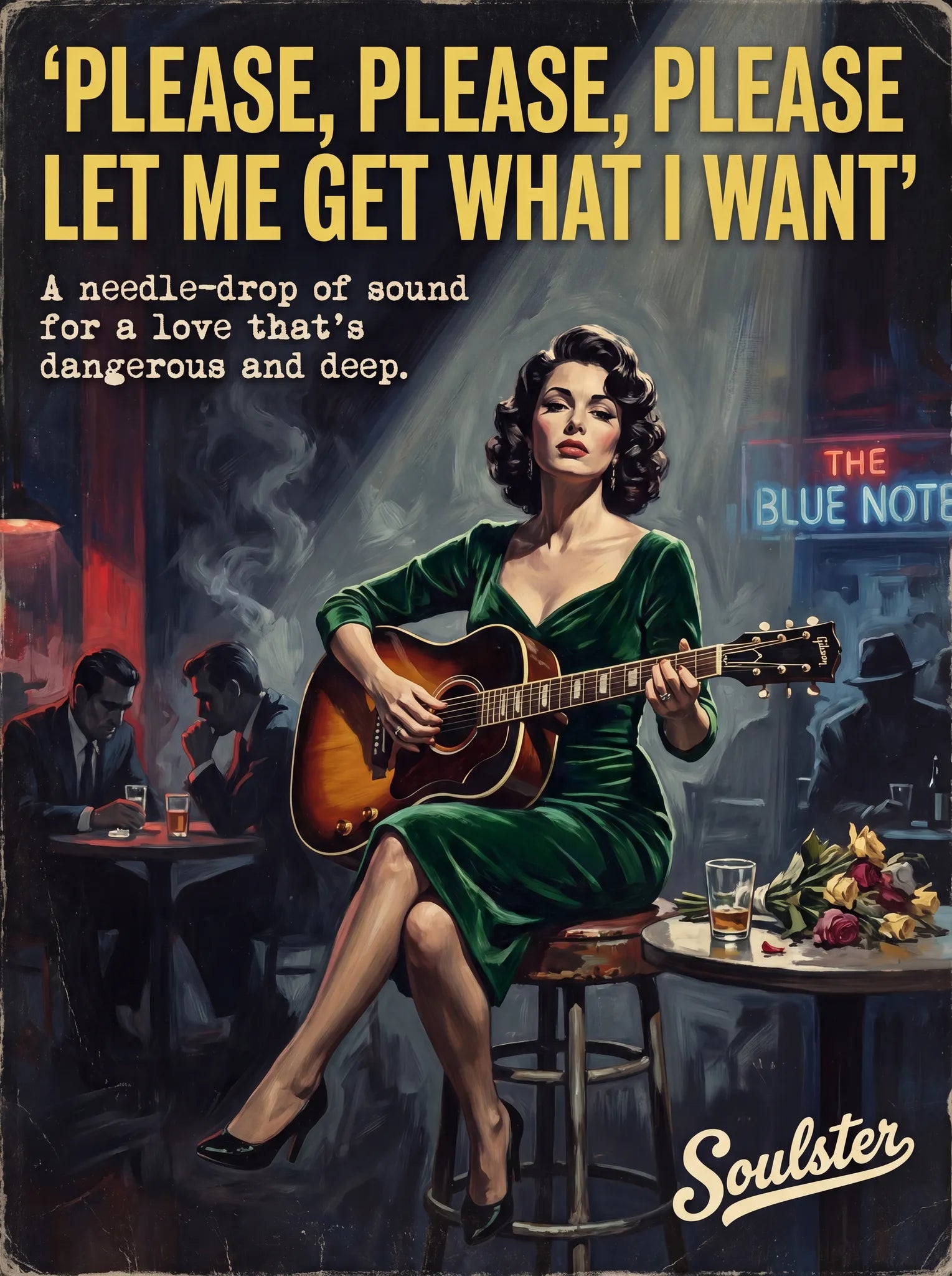 Soulster cinematic vintage pulp book cover art print illustration styled in a classic 1950s design layout inspired by Please, Please, Please Let Me Get What I Want.