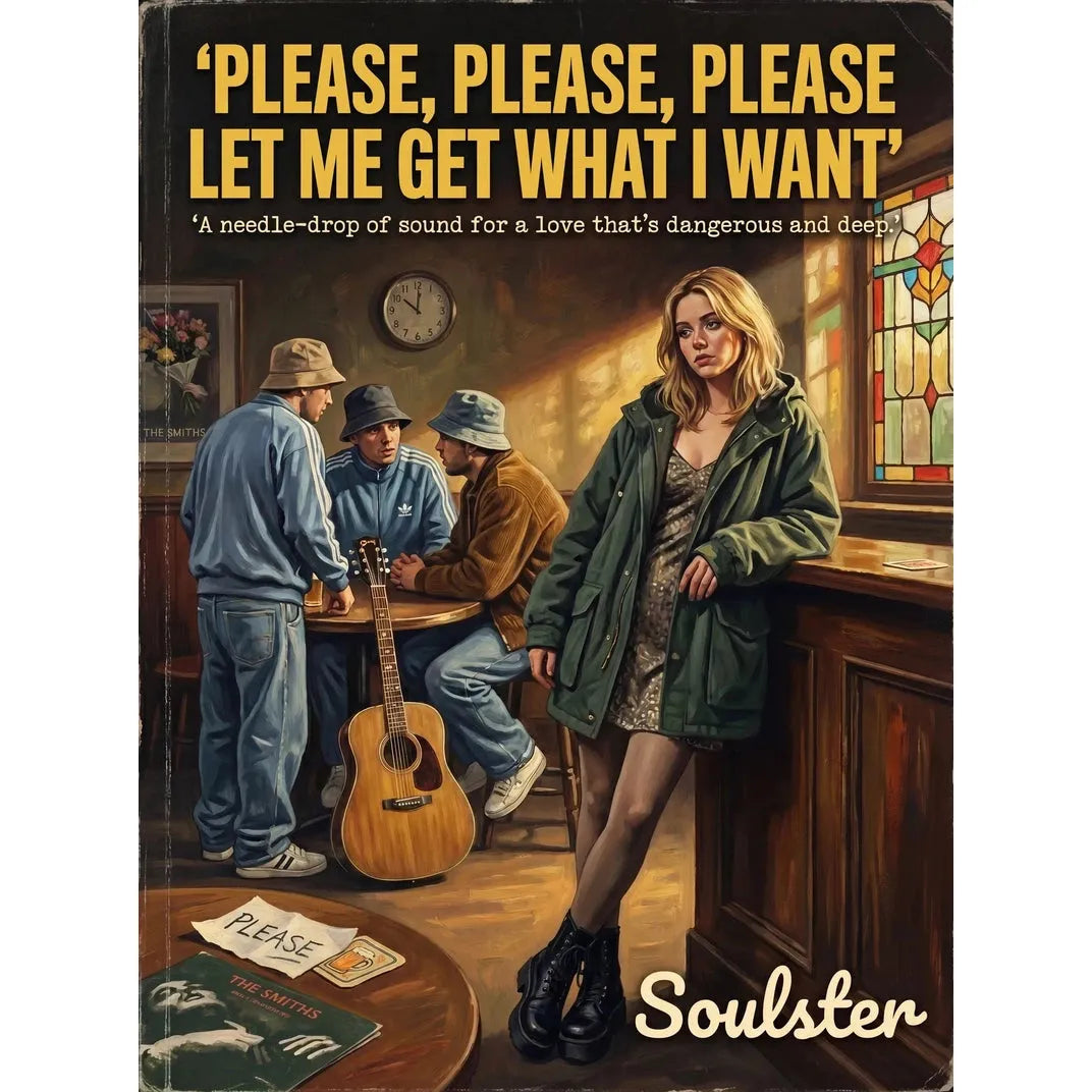 Soulster cinematic vintage pulp book cover art print illustration styled in a classic 1990s design layout inspired by Please, Please, Please Let Me Get What I Want.