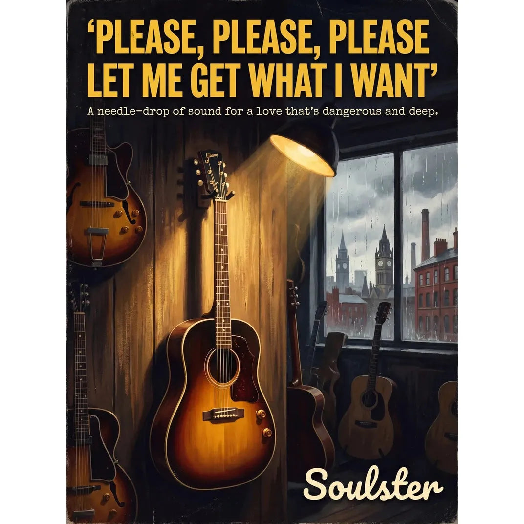 Soulster Manchester Edition wall art print showing a cinematic pulp style design of a Gibson J-160E inspired by Please, Please, Please Let Me Get What I Want.