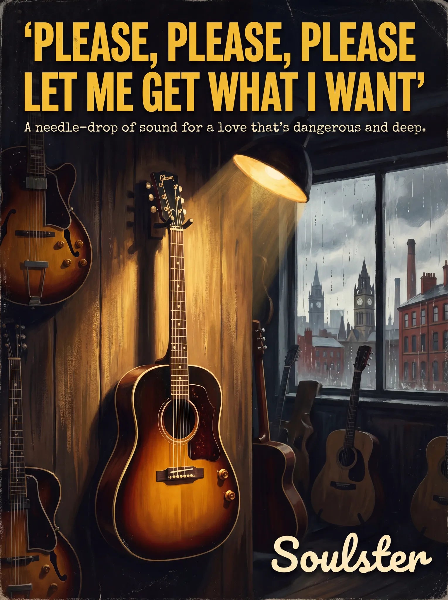 Soulster Manchester Edition wall art print showing a cinematic pulp style design of a Gibson J-160E inspired by Please, Please, Please Let Me Get What I Want.