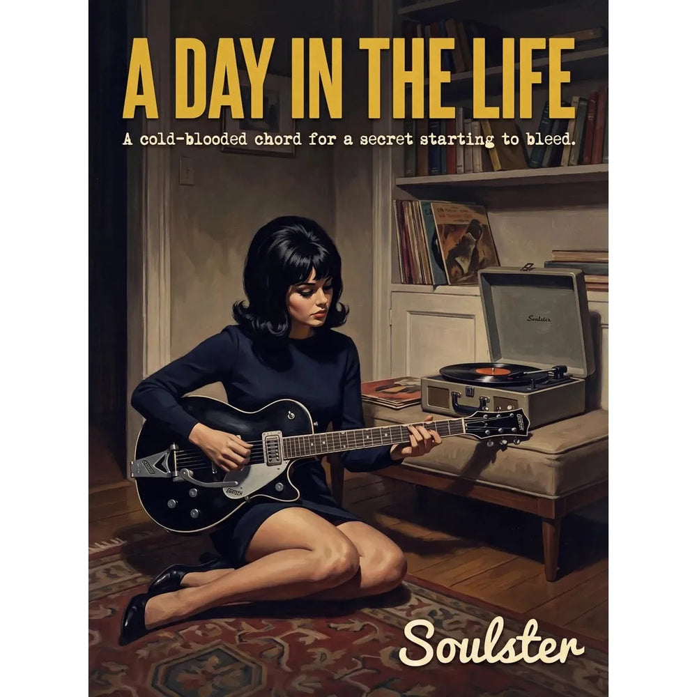 Cinematic pulp book cover style art print inspired by The Beatles - A Day In The Life typography design layout.