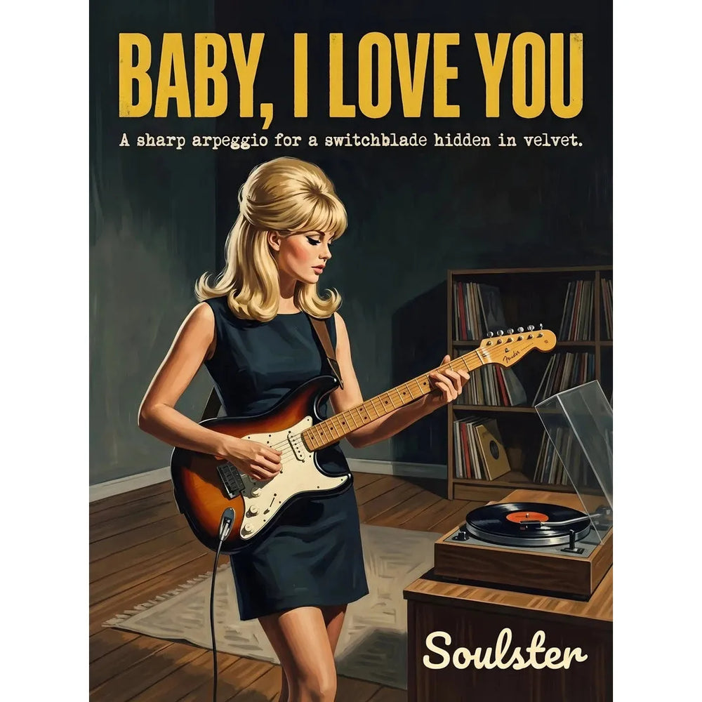 Cinematic pulp book cover style art print inspired by The Ronettes - Baby, I Love You typography design layout.
