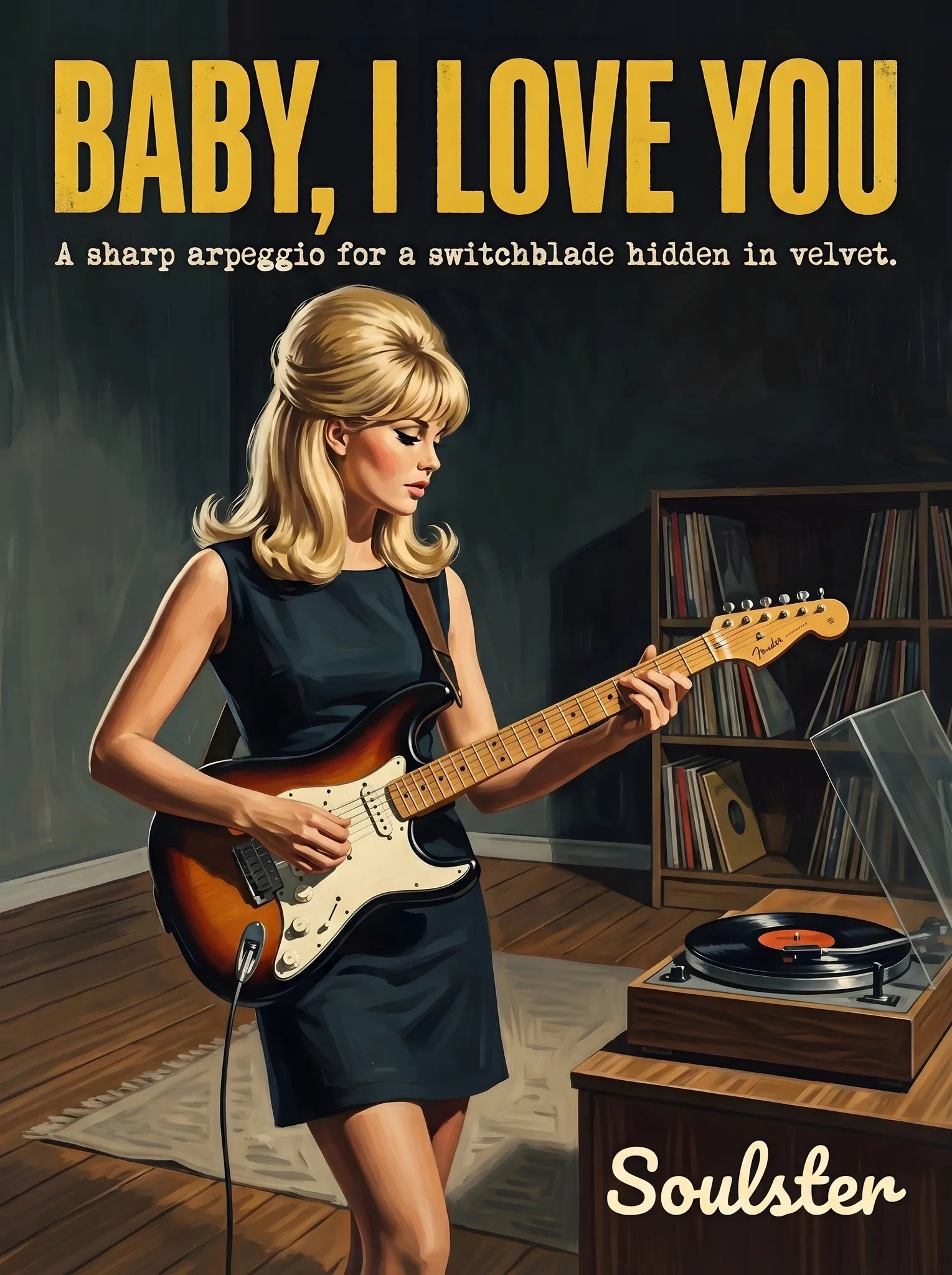 Cinematic pulp book cover style art print inspired by The Ronettes - Baby, I Love You typography design layout.