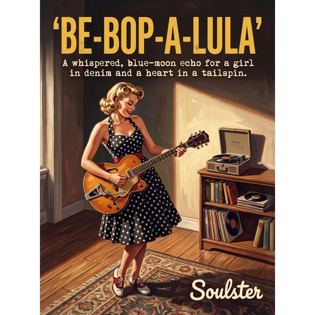 Cinematic pulp book cover style art print inspired by Gene Vincent - Be-bop-a-lula typography design layout.