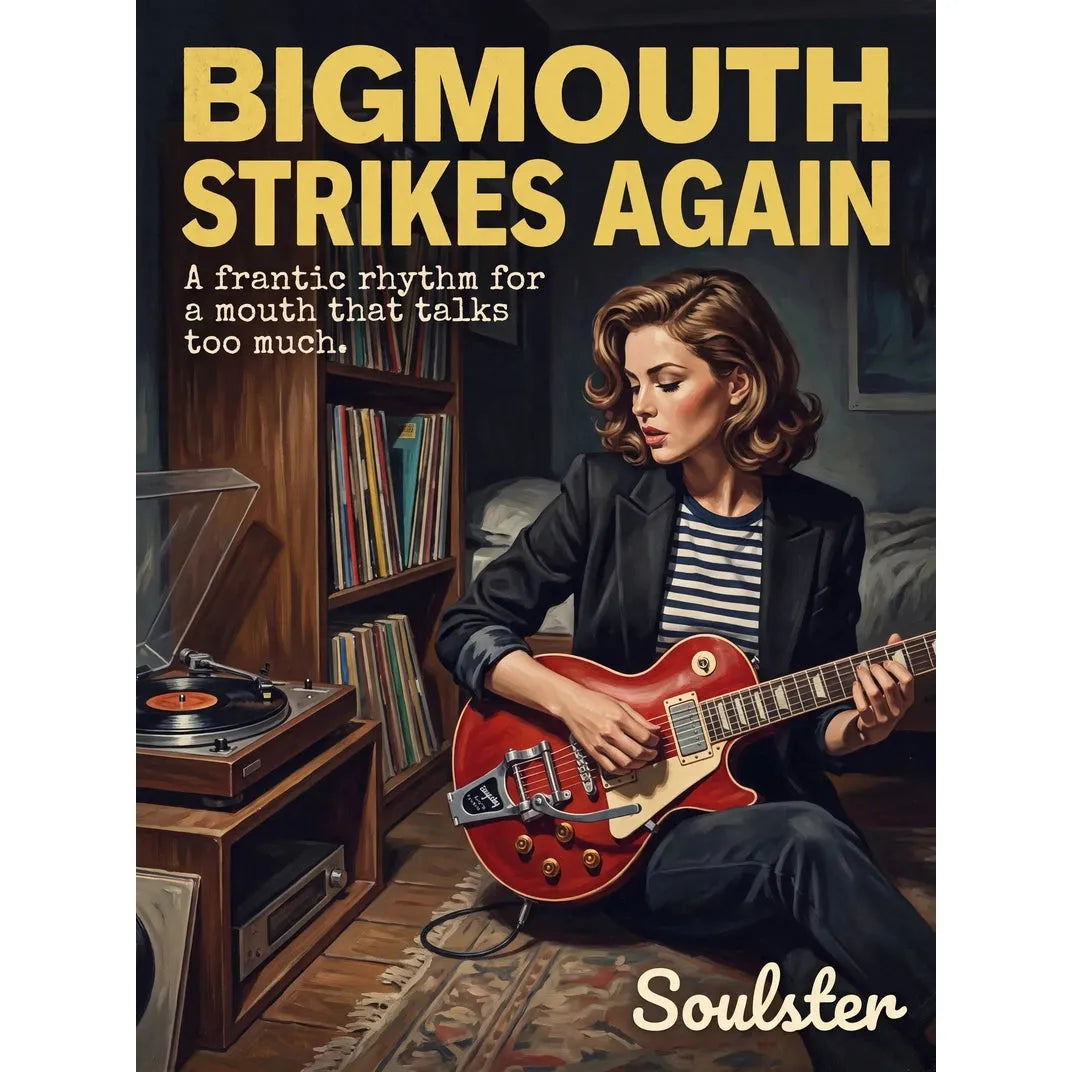 Cinematic pulp book cover style art print inspired by The Smiths - Bigmouth Strikes Again typography design layout.