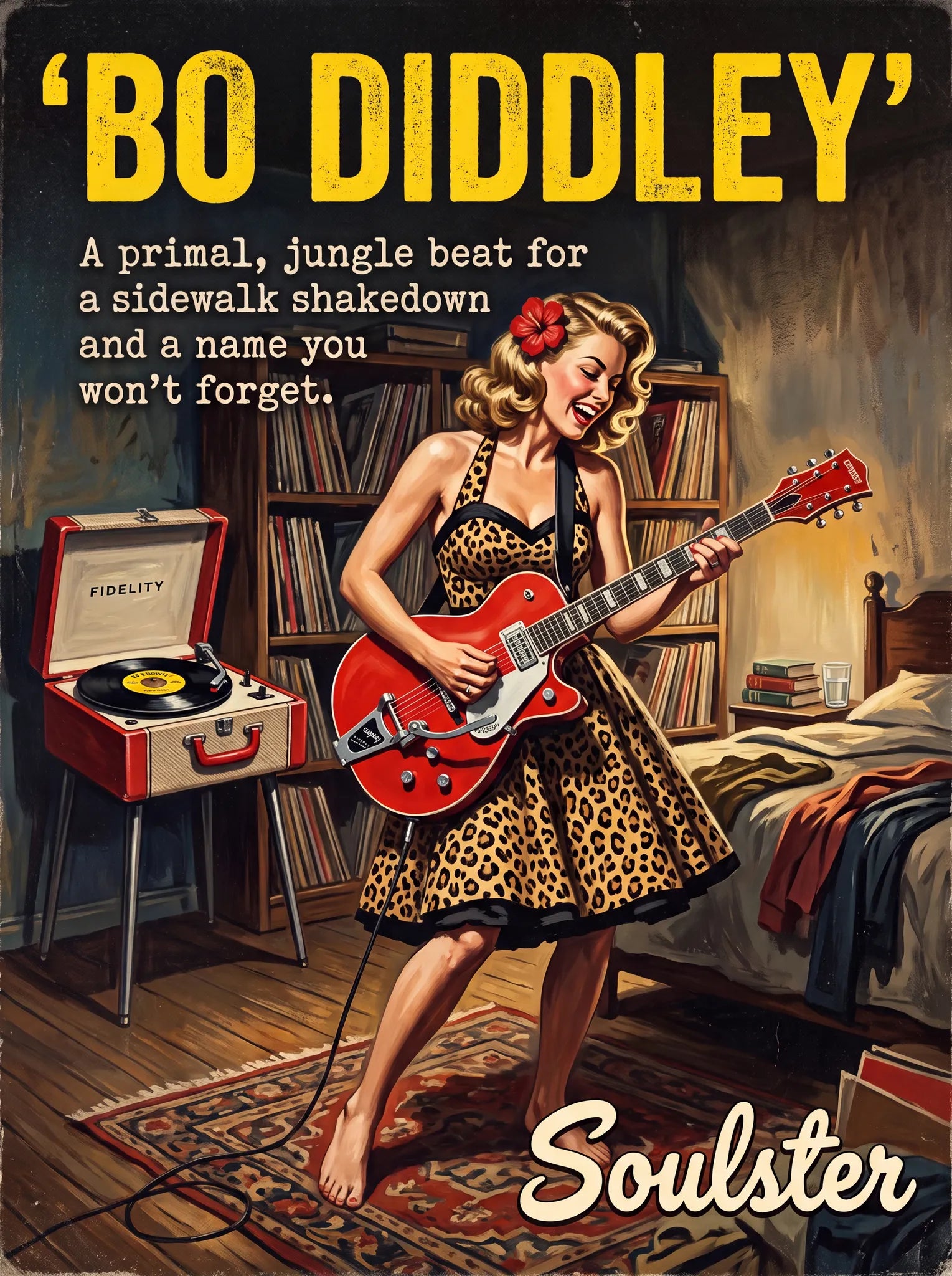 Cinematic pulp book cover style art print inspired by Alternative Music - Bo Diddley typography design layout.
