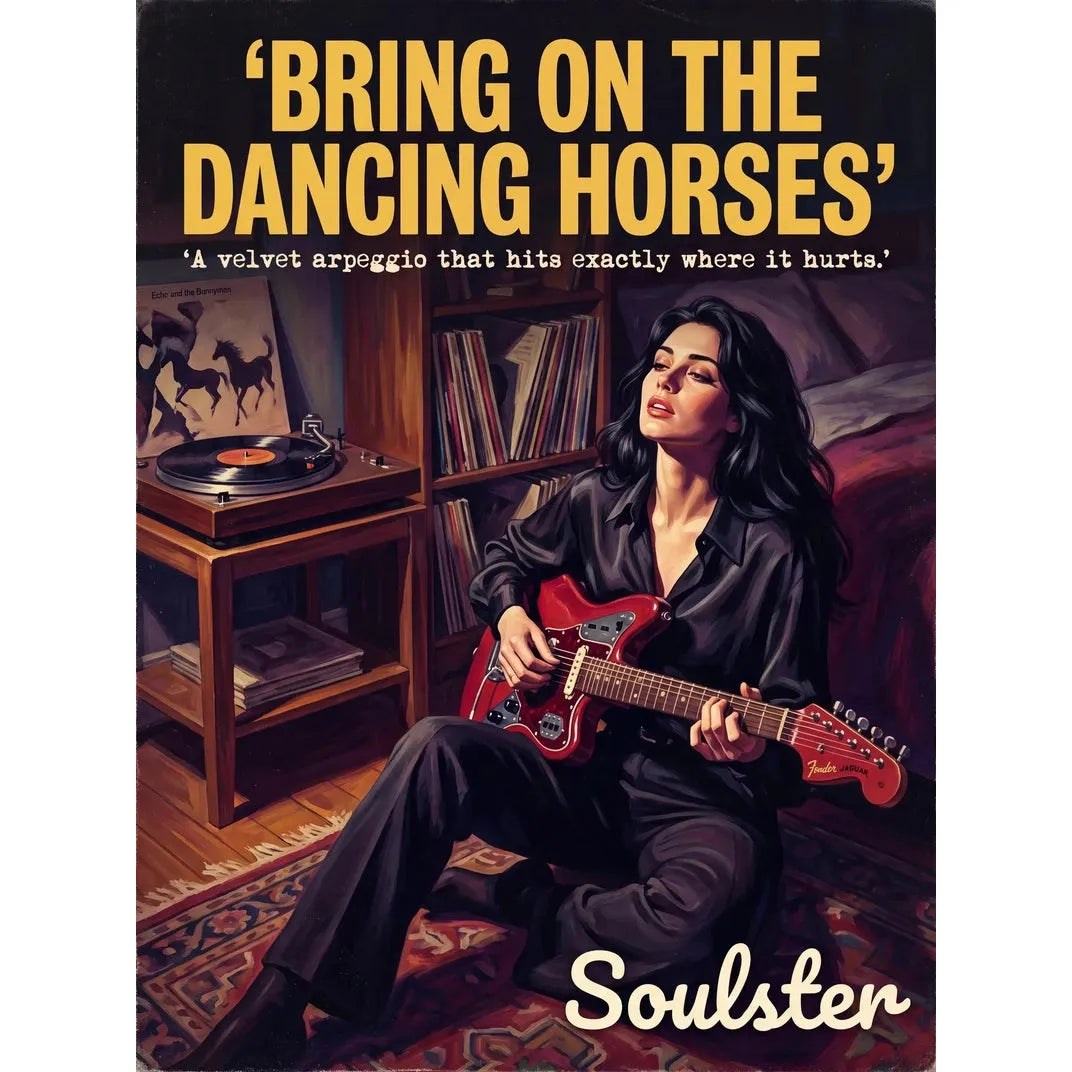 Cinematic pulp book cover style art print inspired by Echo & the Bunnymen - Bring On The Dancing Horses typography design layout.