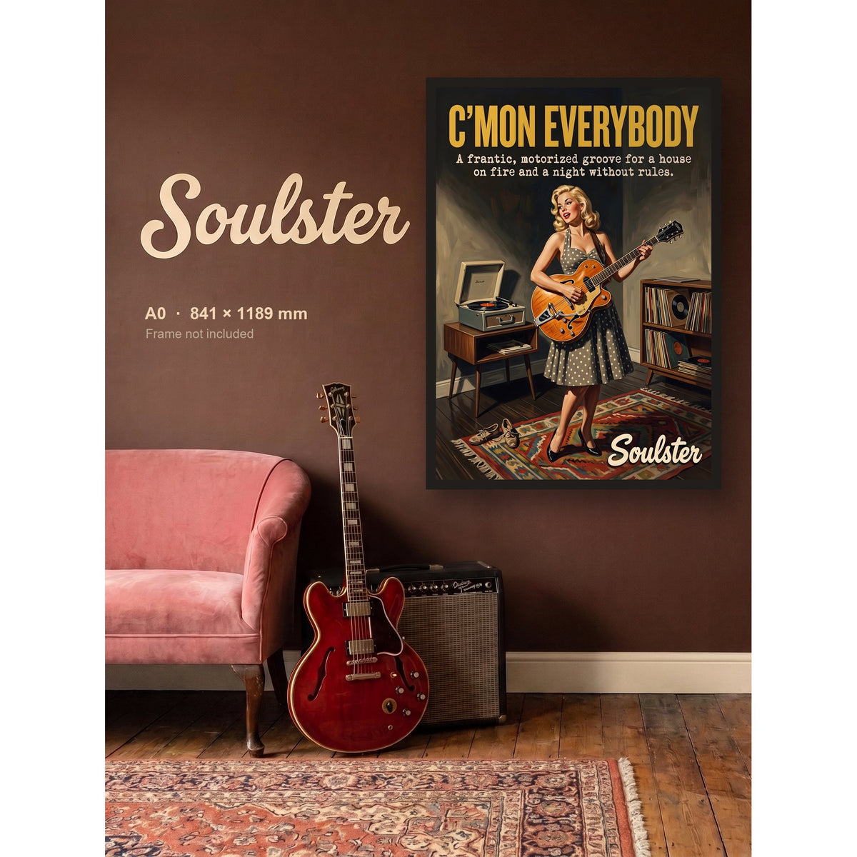 C'mon Everybody - Practice Print shown framed on a wall in A0 size. Frame not included.