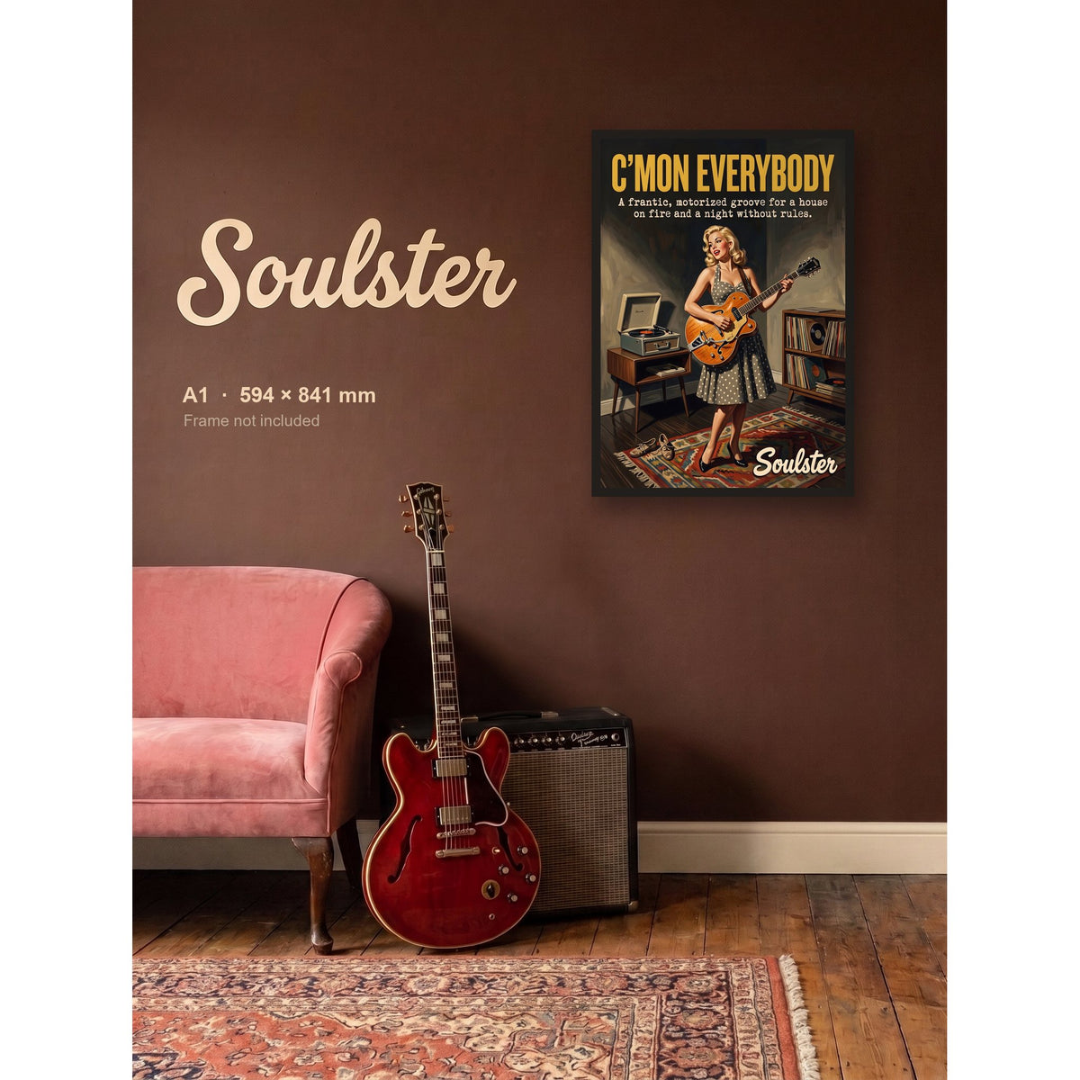 C'mon Everybody - Practice Print shown framed on a wall in A1 size. Frame not included.