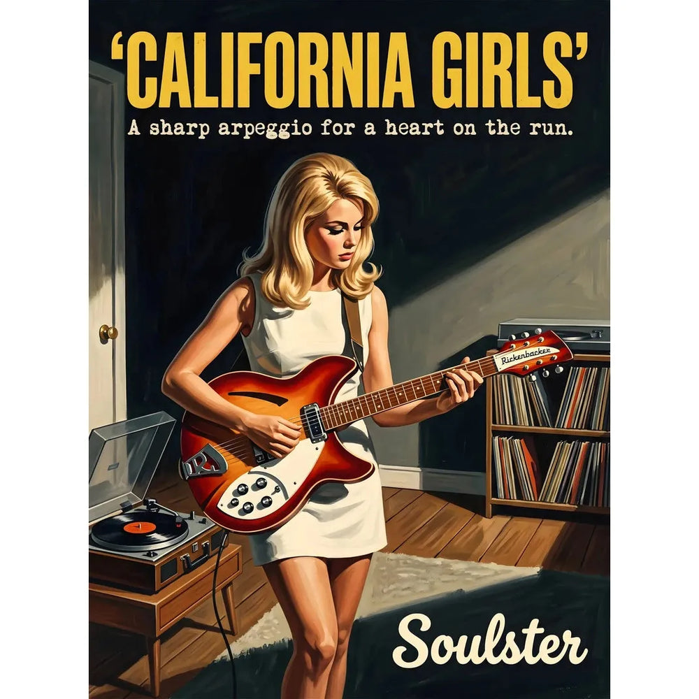 Cinematic pulp book cover style art print inspired by The Beach Boys - California Girls typography design layout.
