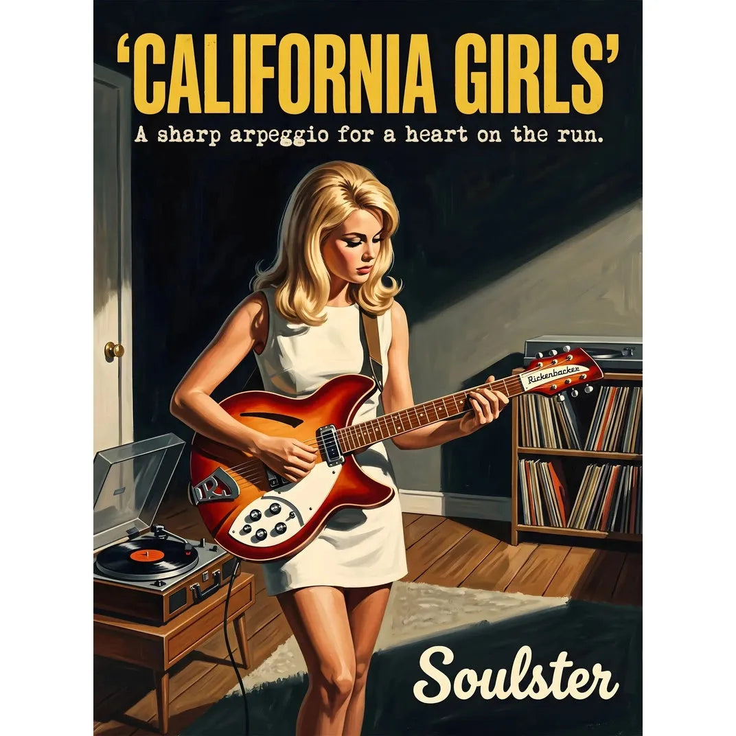 Cinematic pulp book cover style art print inspired by The Beach Boys - California Girls typography design layout.