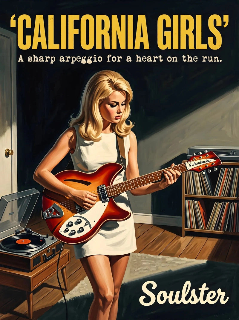 Cinematic pulp book cover style art print inspired by The Beach Boys - California Girls typography design layout.