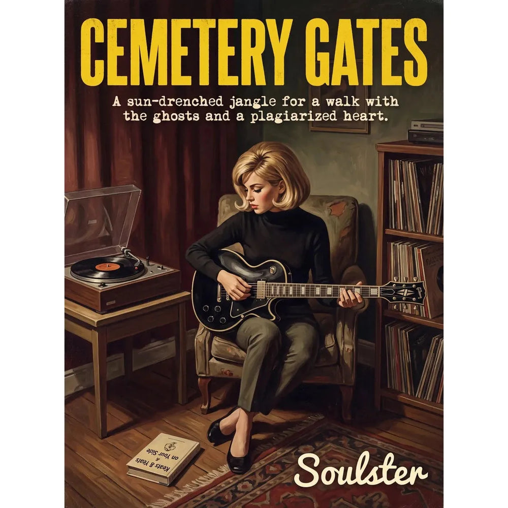 Cinematic pulp book cover style art print inspired by The Smiths - Cemetery Gates typography design layout.