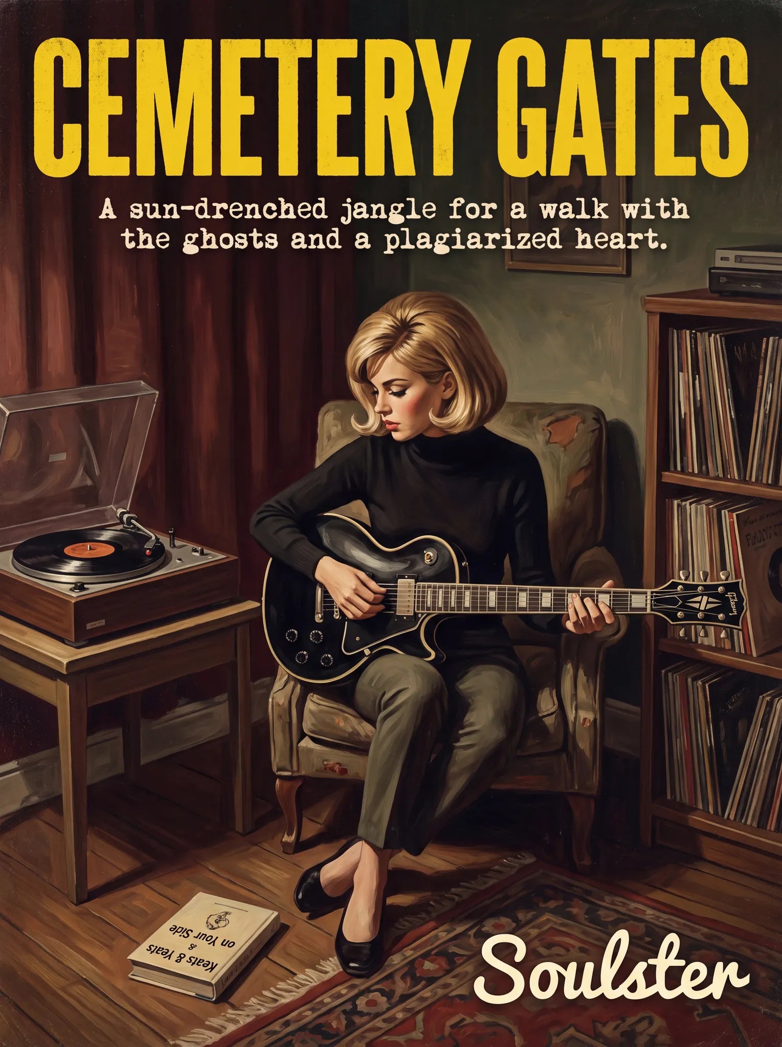 Cinematic pulp book cover style art print inspired by The Smiths - Cemetery Gates typography design layout.