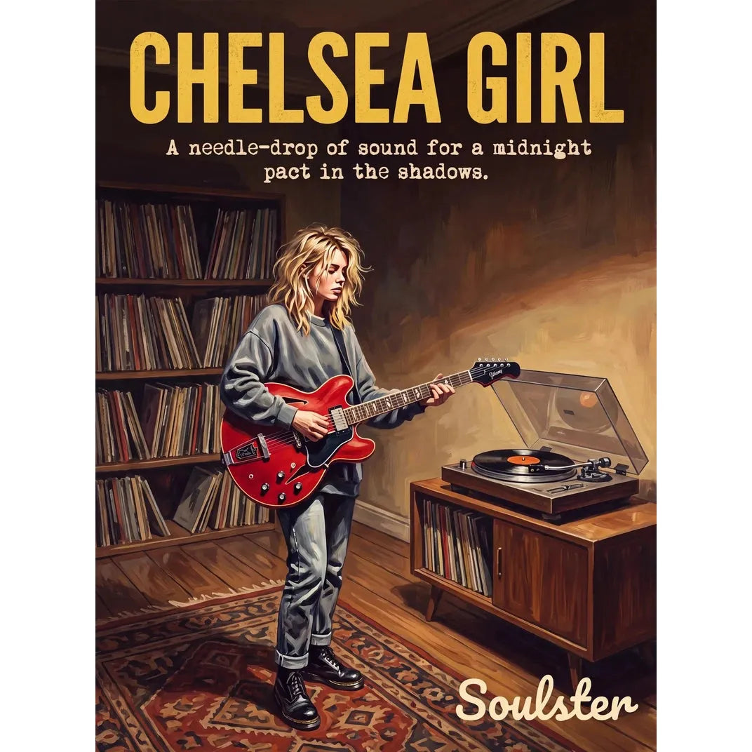 Cinematic pulp book cover style art print inspired by Ride - Chelsea Girl typography design layout.