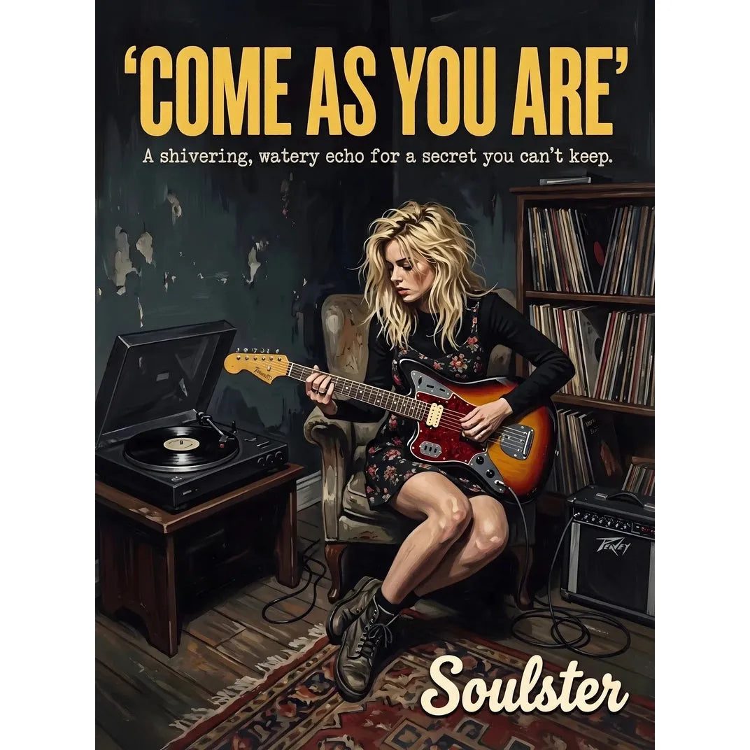 Cinematic pulp book cover style art print inspired by Nirvana - Come As You Are typography design layout.