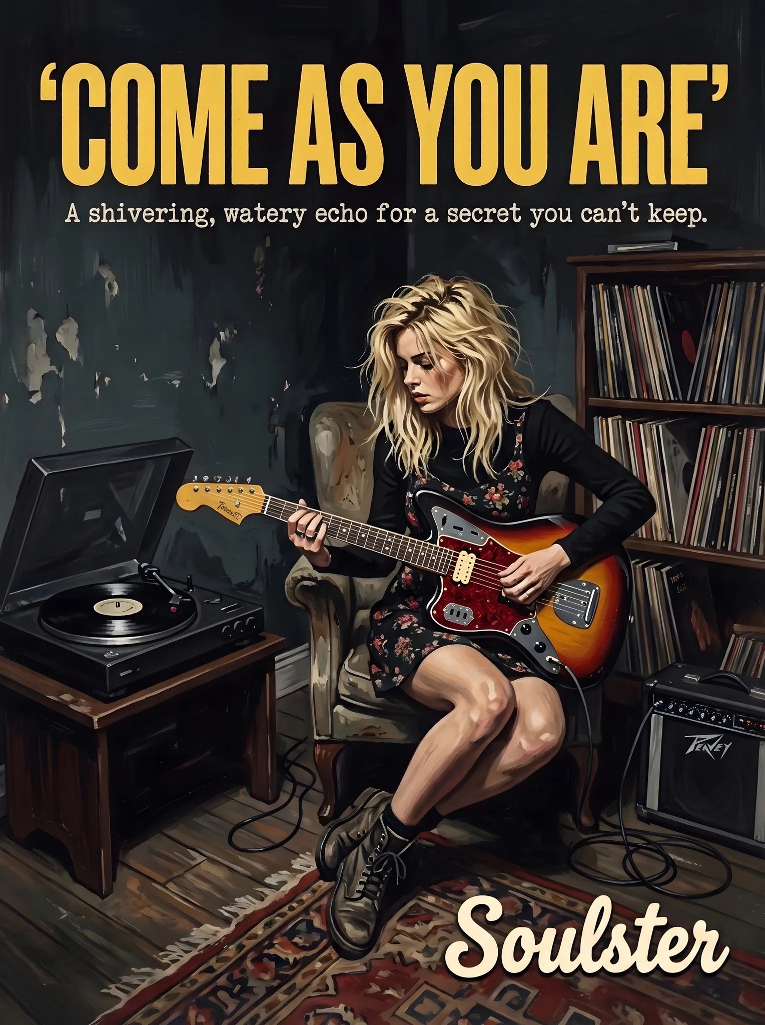 Cinematic pulp book cover style art print inspired by Nirvana - Come As You Are typography design layout.