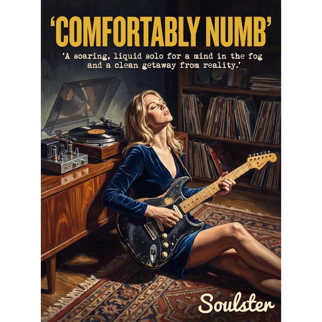 Cinematic pulp book cover style art print inspired by Pink Floyd - Comfortably Numb typography design layout.