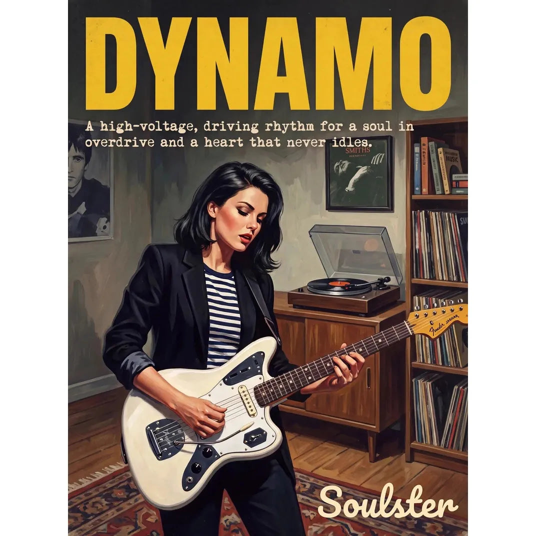 Cinematic pulp book cover style art print inspired by Johnny Marr - Dynamo typography design layout.