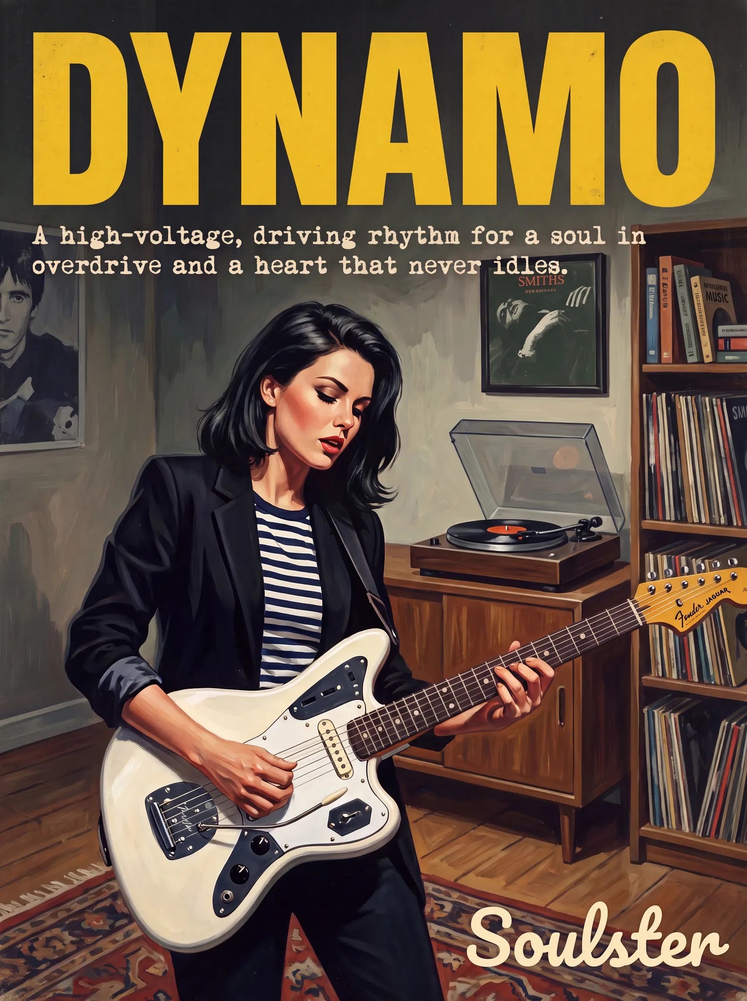 Cinematic pulp book cover style art print inspired by Johnny Marr - Dynamo typography design layout.