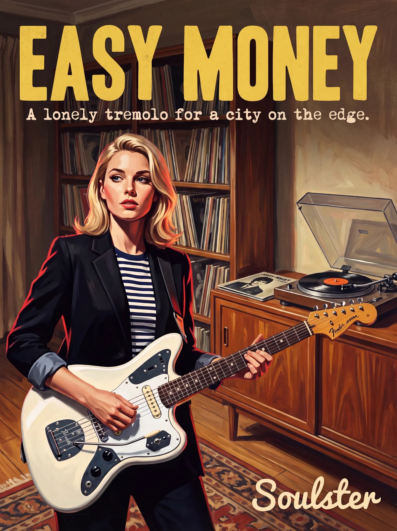 Cinematic pulp book cover style art print inspired by Johnny Marr - Easy Money typography design layout.