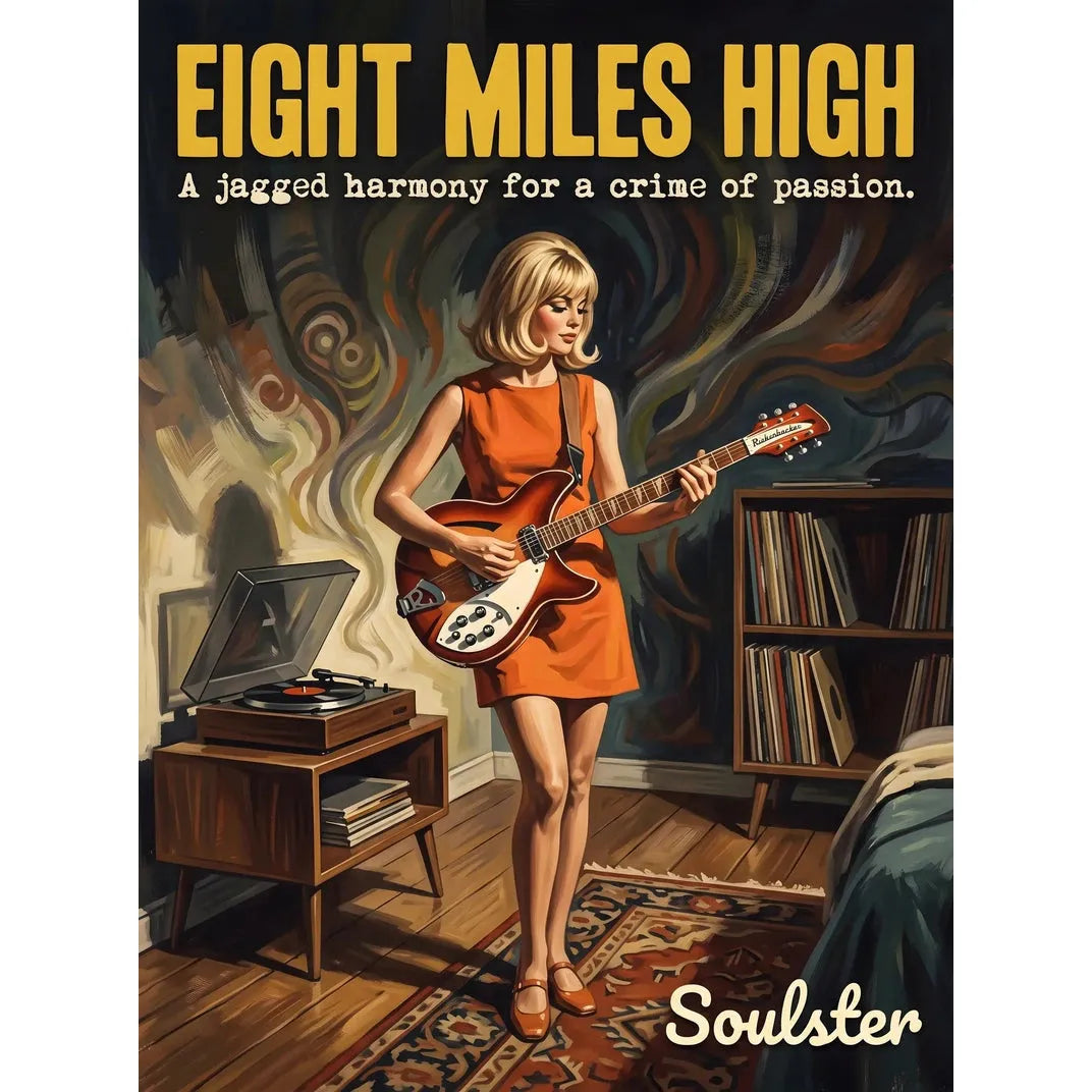 Cinematic pulp book cover style art print inspired by The Byrds - Eight Miles High typography design layout.