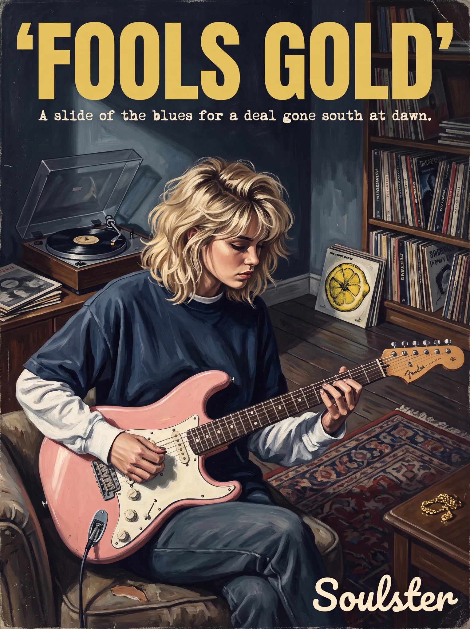 Cinematic pulp book cover style art print inspired by The Stone Roses - Fools Gold typography design layout.