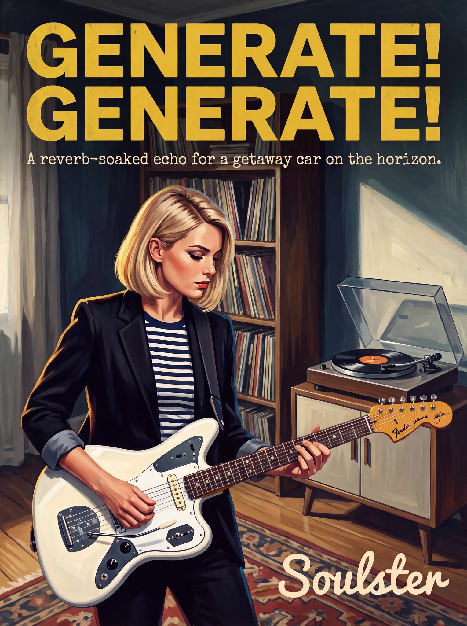 Cinematic pulp book cover style art print inspired by Johnny Marr - Generate! Generate! typography design layout.