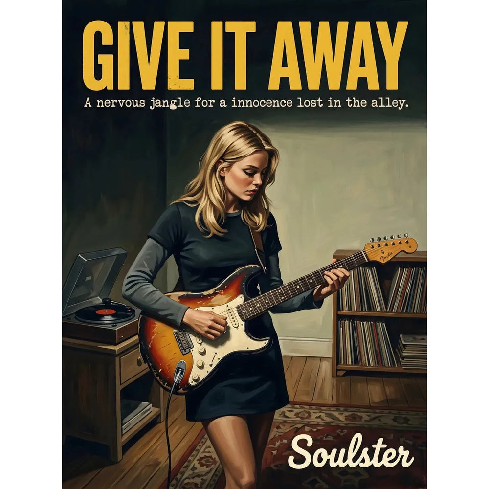 Cinematic pulp book cover style art print inspired by Red Hot Chilli Peppers - Give It Away typography design layout.
