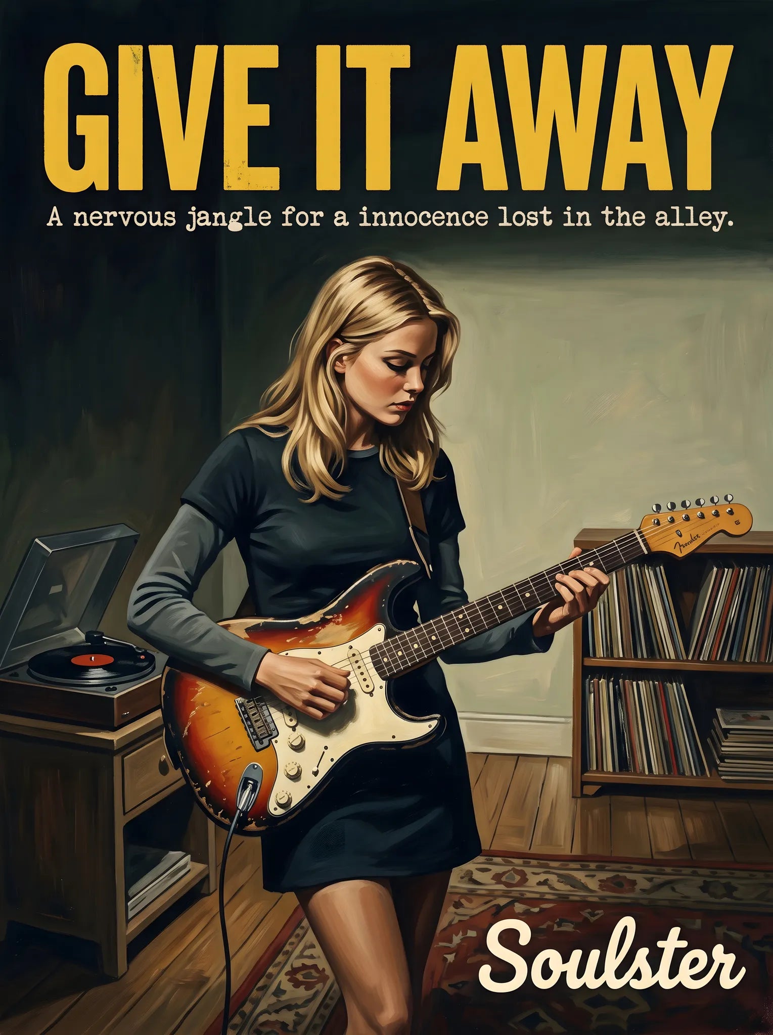 Cinematic pulp book cover style art print inspired by Red Hot Chilli Peppers - Give It Away typography design layout.