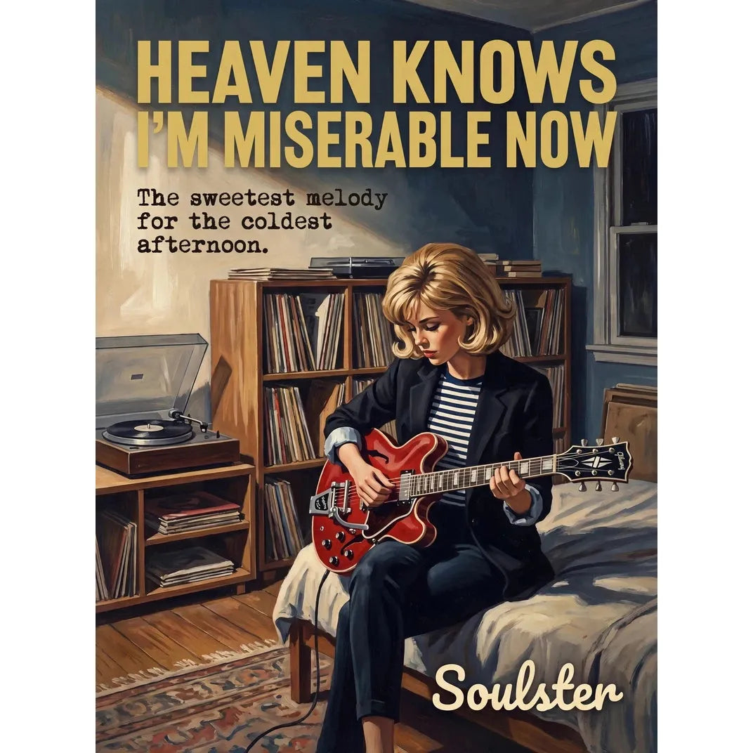 Cinematic pulp book cover style art print inspired by The Smiths - Heaven Knows I'm Miserable Now typography design layout.