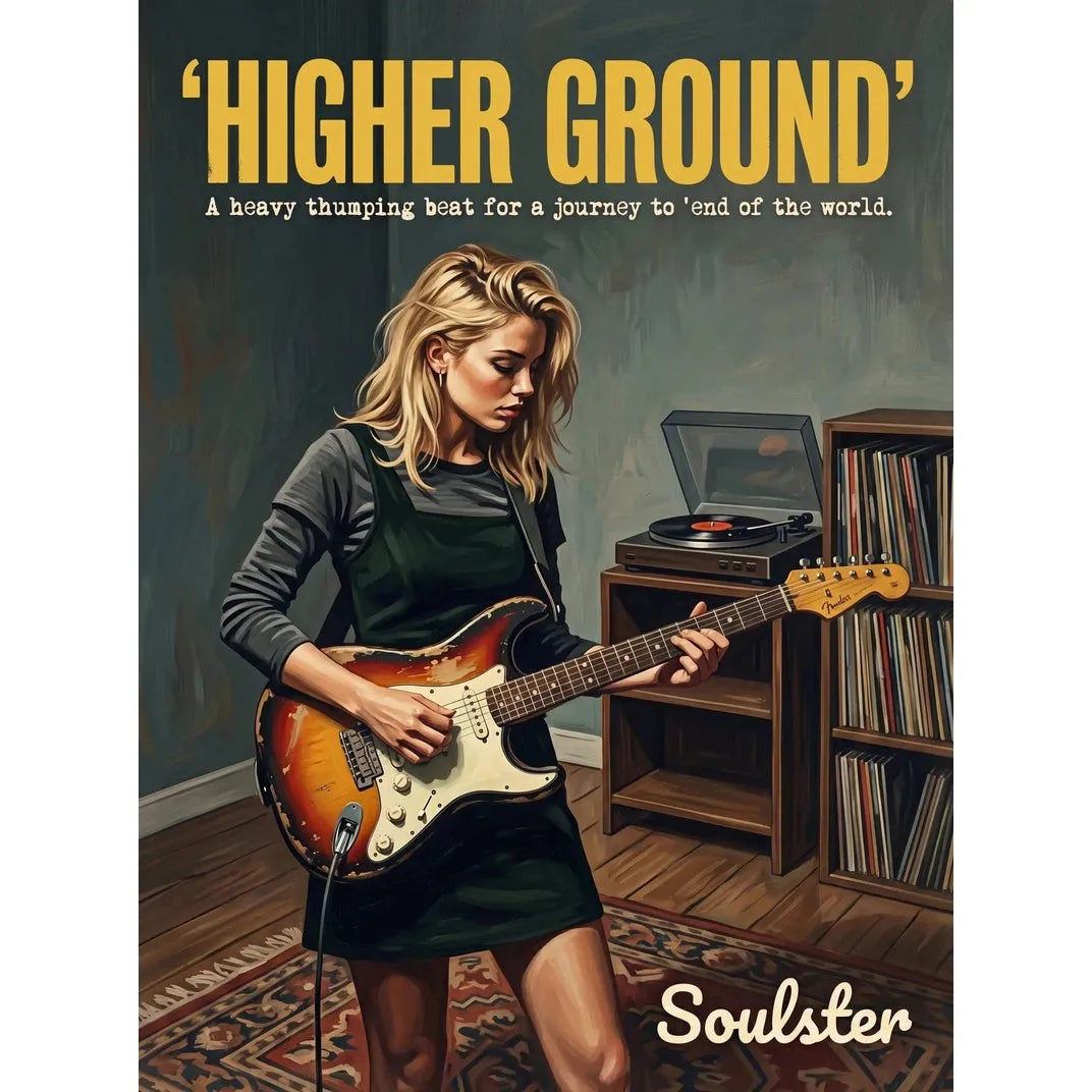 Cinematic pulp book cover style art print inspired by Red Hot Chilli Peppers - Higher Ground typography design layout.