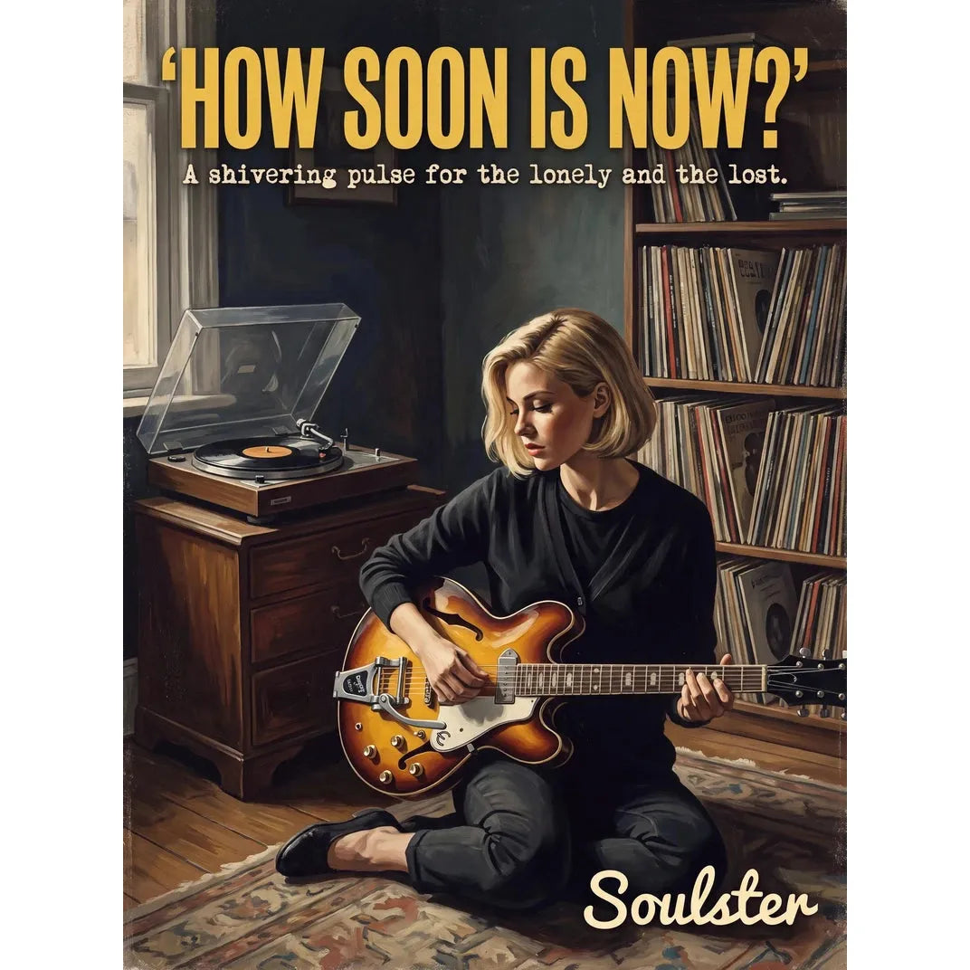 Cinematic pulp book cover style art print inspired by The Smiths - How Soon Is Now? typography design layout.