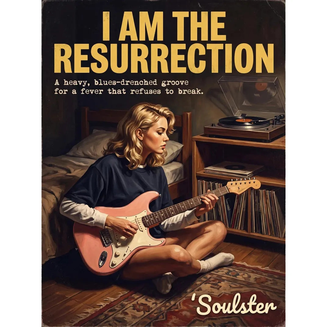 Cinematic pulp book cover style art print inspired by The Stone Roses - I Am The Resurrection typography design layout.