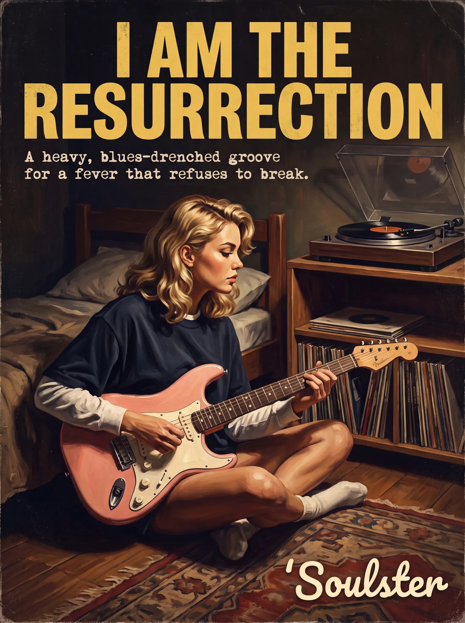 Cinematic pulp book cover style art print inspired by The Stone Roses - I Am The Resurrection typography design layout.