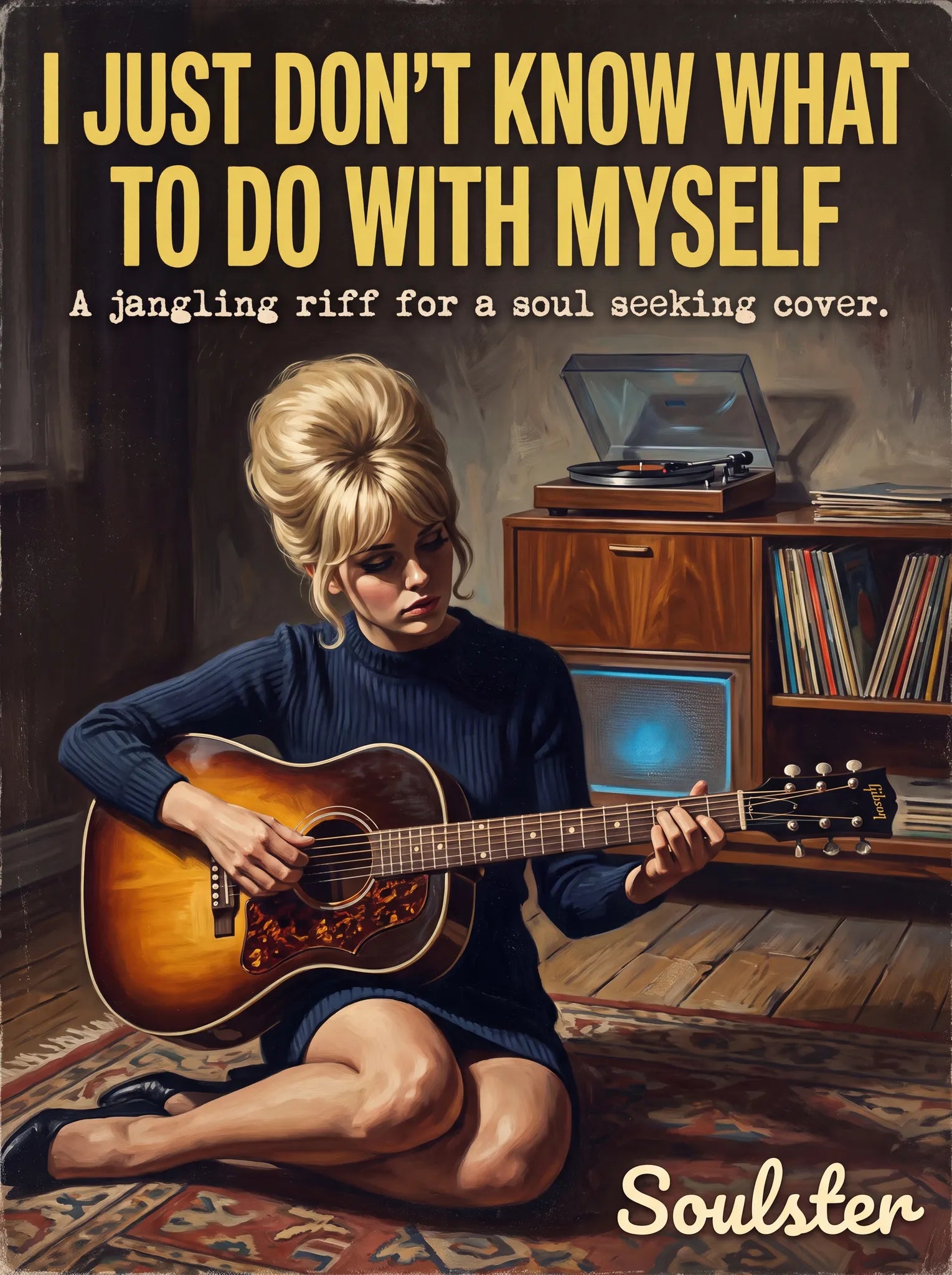 Cinematic pulp book cover style art print inspired by Dusty Springfield - I Just Don't Know What To Do With Myself typography design layout.